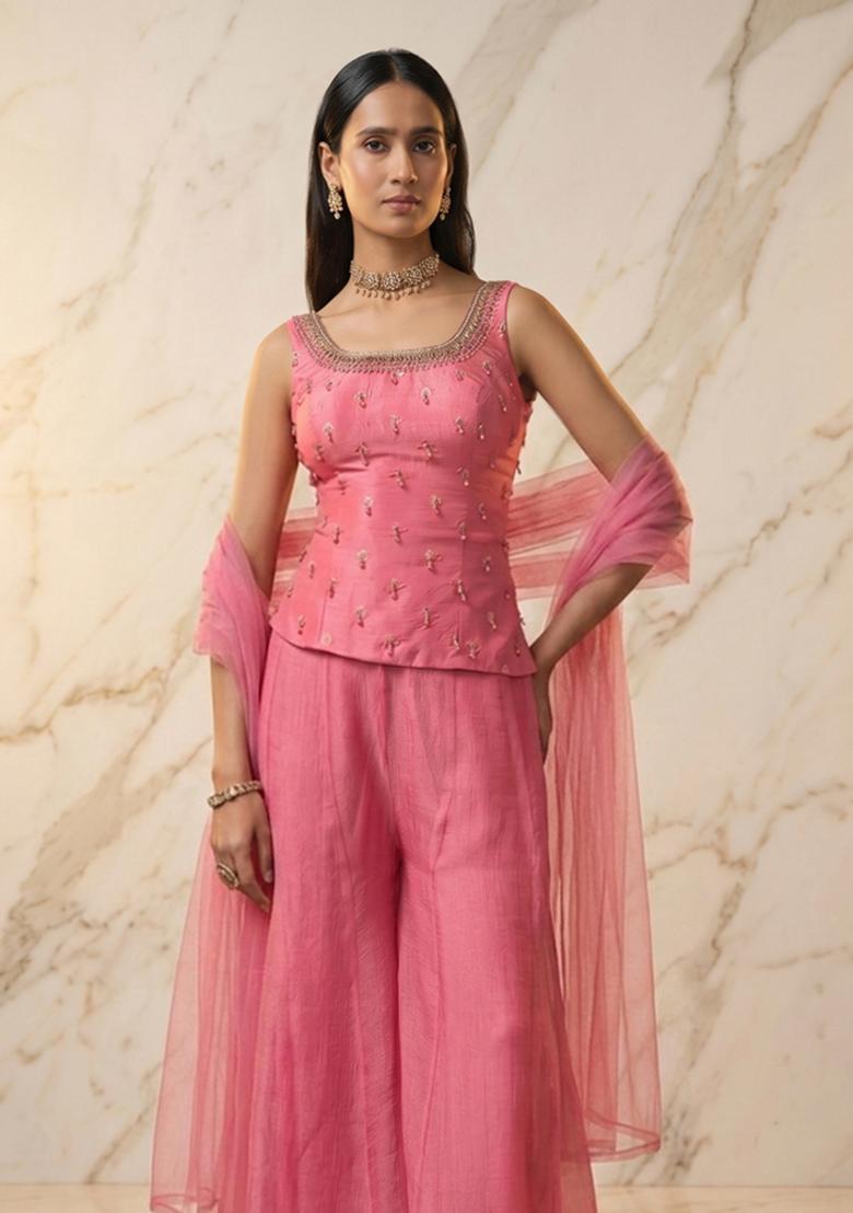 Rose Pink Embroidered Handwork Lehenga Set - Indya