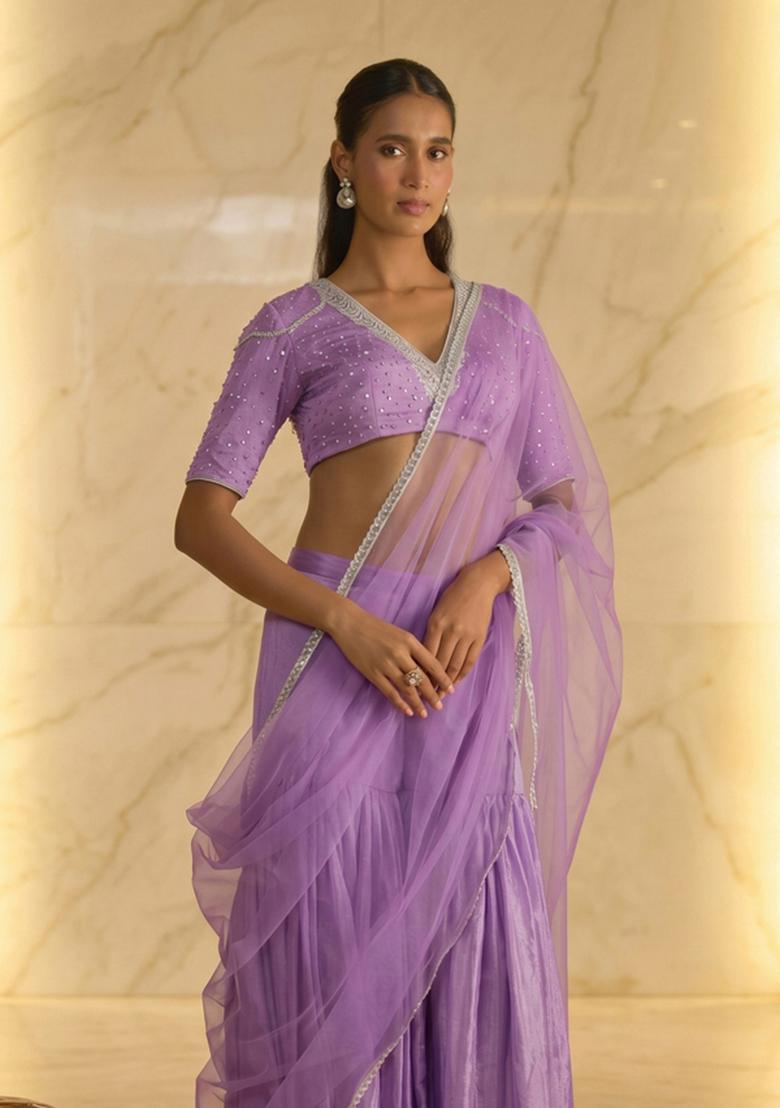 Lilac Embroidered Handwork Lehenga Set - Indya