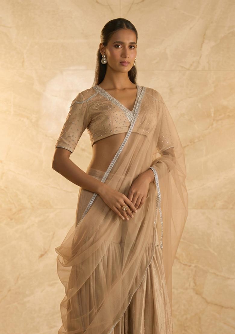 Beige Embroidered Handwork Lehenga Set - Indya