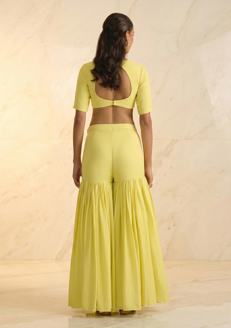 Lemon Yellow Embroidered Handwork Lehenga Set - Indya