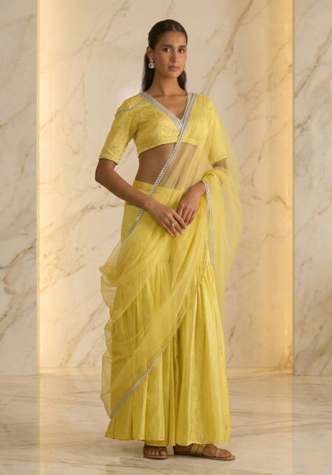 Lemon Yellow Embroidered Handwork Lehenga Set