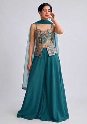 Teal Printed Silk Fusion Set