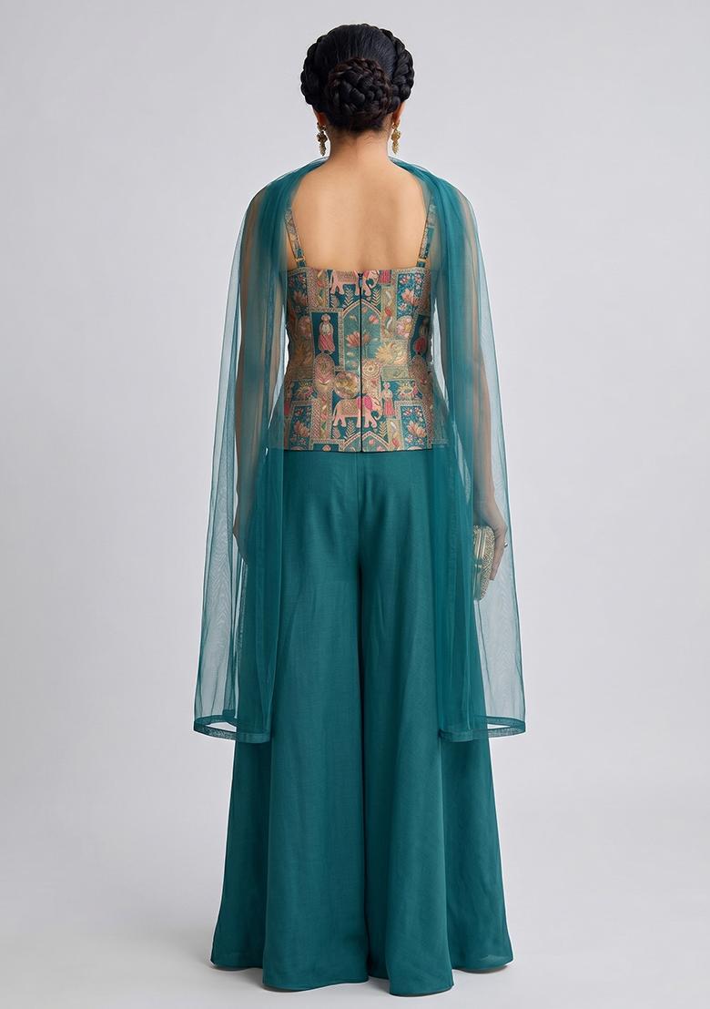 Teal Printed Silk Fusion Set - Indya