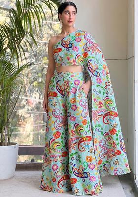 Aqua Blue Printed Crepe Fusion Set