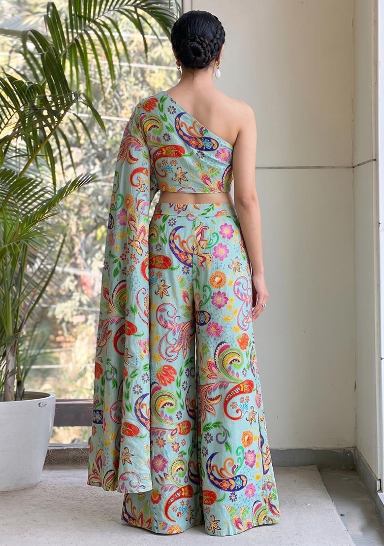 Aqua Blue Printed Crepe Fusion Set - Indya