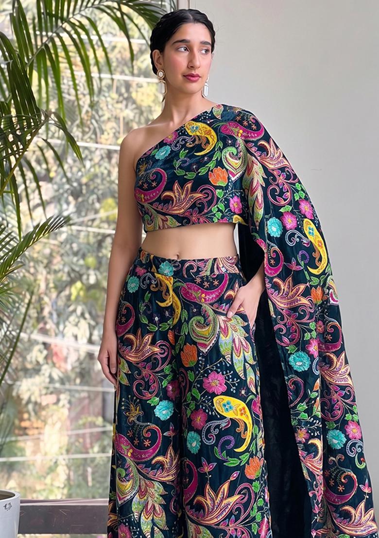 Deep Teal Printed Crepe Fusion Set - Indya