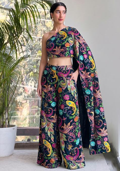 Deep Teal Printed Crepe Fusion Set