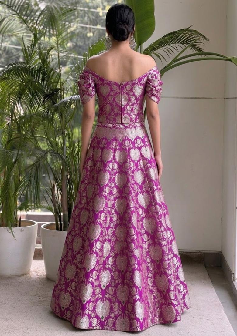Magenta Jacquard Brocade Lehenga Set - Indya