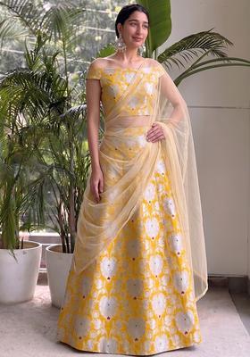 Mustard Jacquard Brocade Lehenga Set