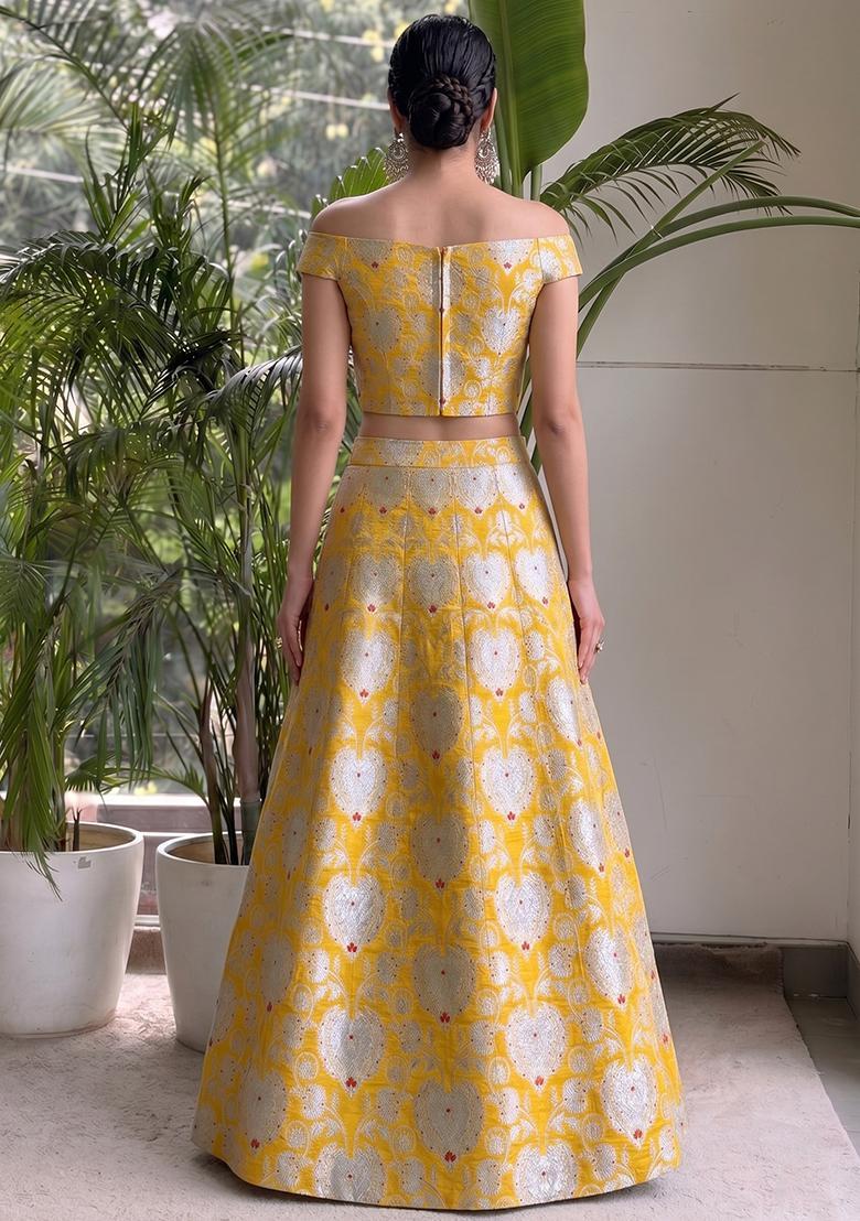 Mustard Jacquard Brocade Lehenga Set - Indya