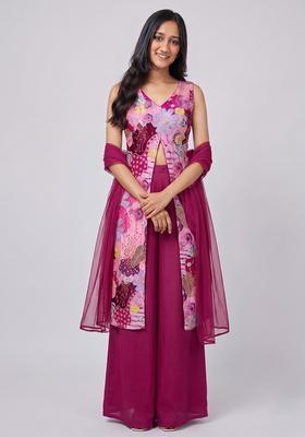 Rani Pink Printed Crepe Fusion Set