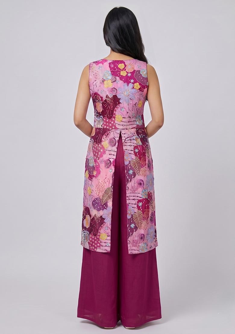 Rani Pink Printed Crepe Fusion Set - Indya