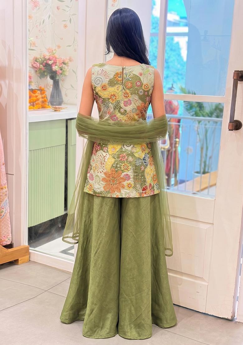 Olive Green Printed Crepe Fusion Set - Indya