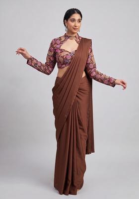 Chocolate Brown Printed Crepe Pre Draped Saree Set