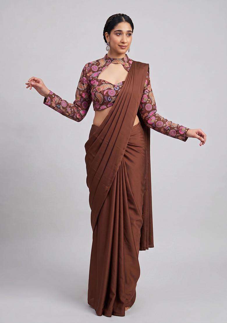 Chocolate Brown Printed Crepe Pre Draped Saree Set - Indya