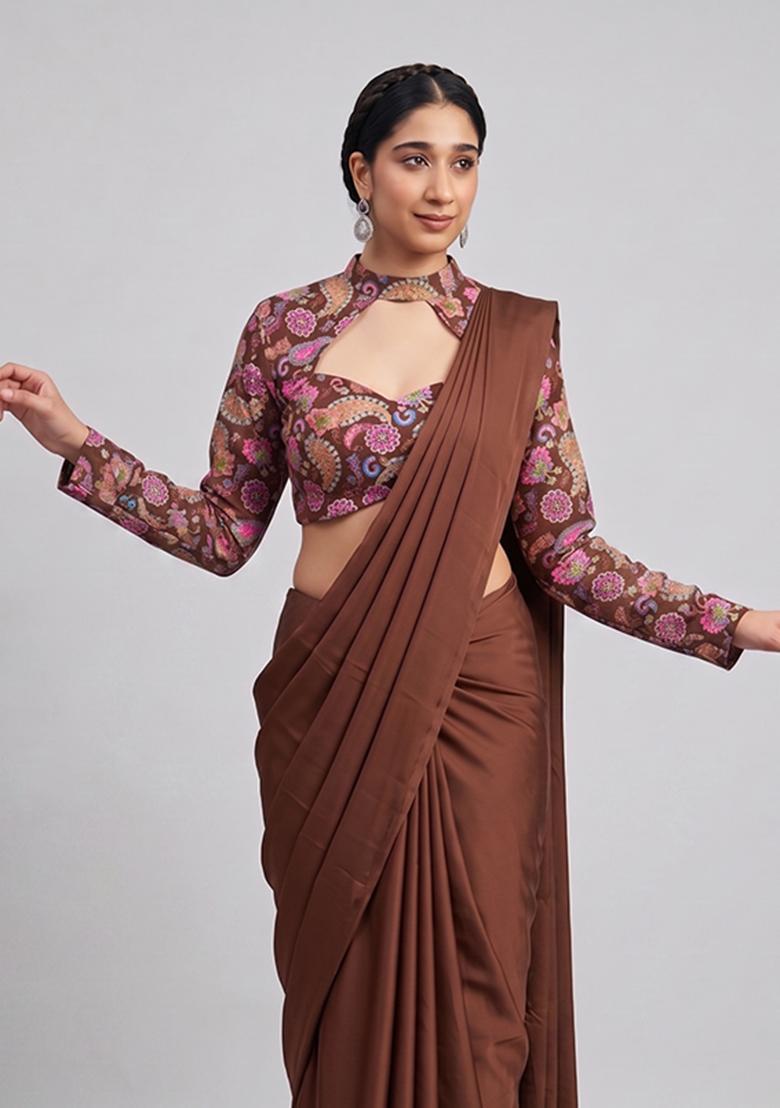 Chocolate Brown Printed Crepe Pre Draped Saree Set - Indya