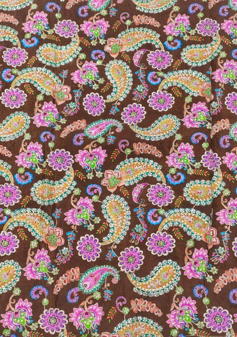 Chocolate Brown Printed Crepe Pre Draped Saree Set - Indya
