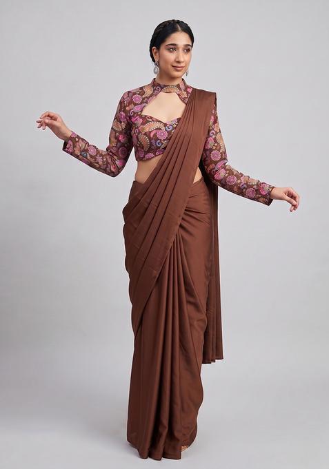 Chocolate Brown Printed Crepe Pre Draped Saree Set