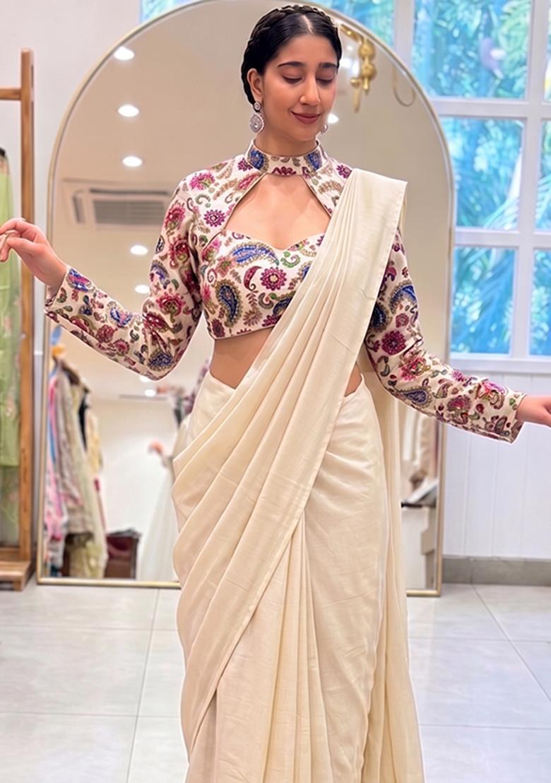 Cream Printed Crepe Pre Draped Saree Set - Indya