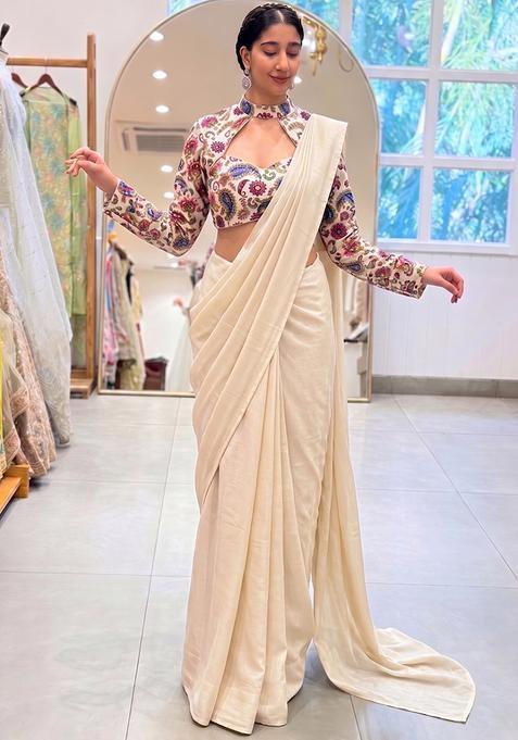 Cream Printed Crepe Pre Draped Saree Set