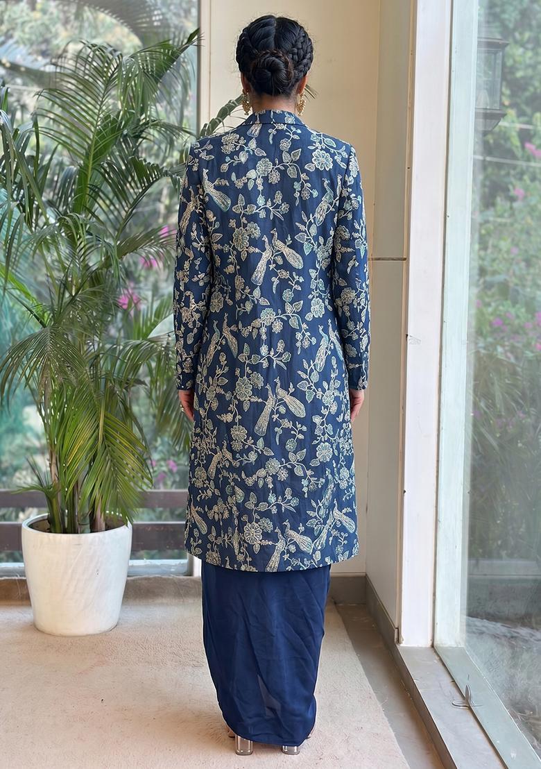 Navy Blue Printed Crepe Fusion Set - Indya