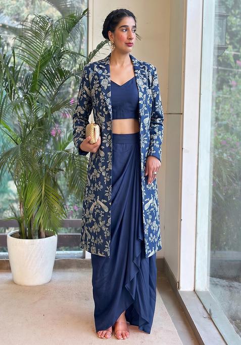 Navy Blue Printed Crepe Fusion Set