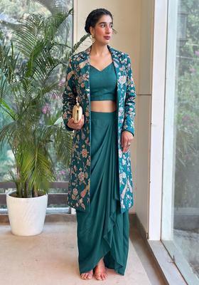 Bottle Green Printed Crepe Fusion Set