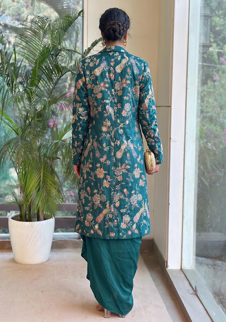 Bottle Green Printed Crepe Fusion Set - Indya