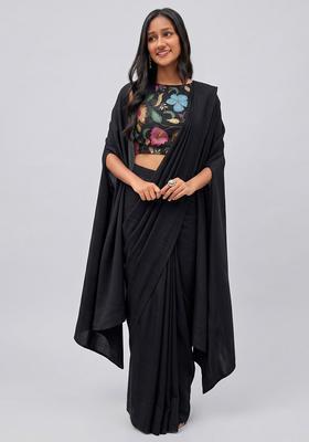 Black Printed Organza Pre Draped Saree Set