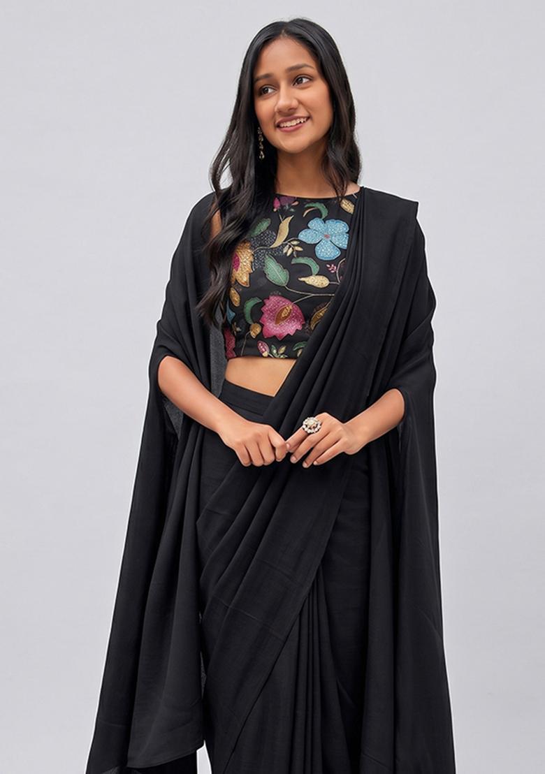 Black Printed Organza Pre Draped Saree Set - Indya