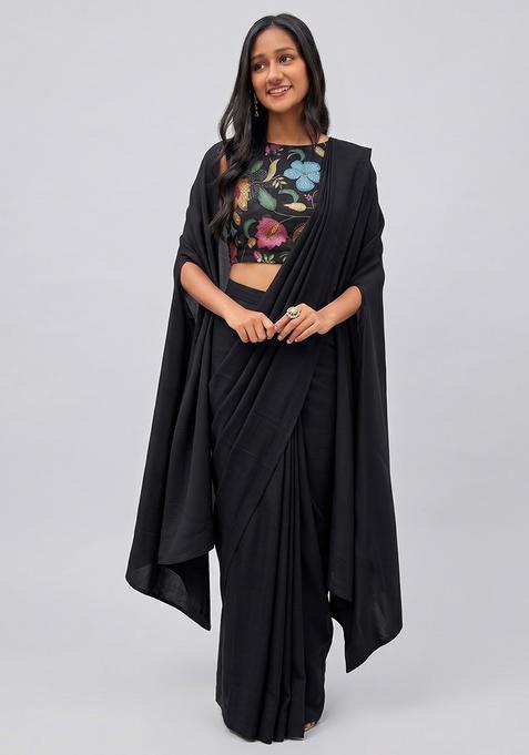 Black Printed Organza Pre Draped Saree Set