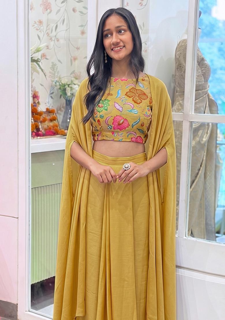 Mustard Printed Organza Fusion Set - Indya