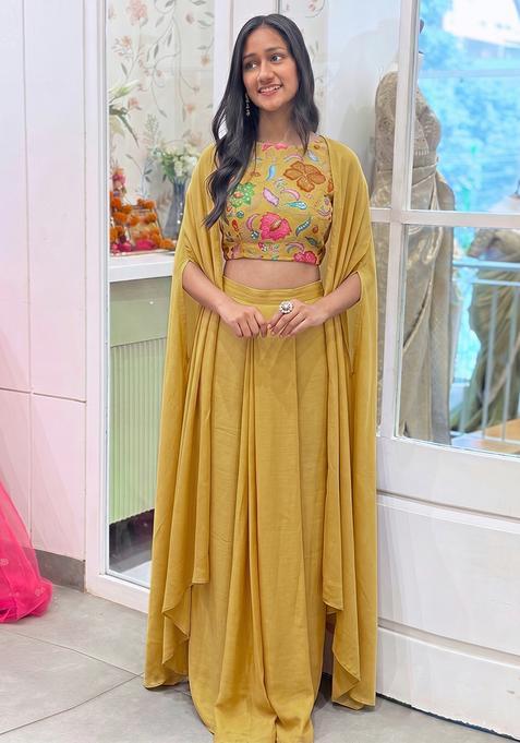 Mustard Printed Organza Fusion Set
