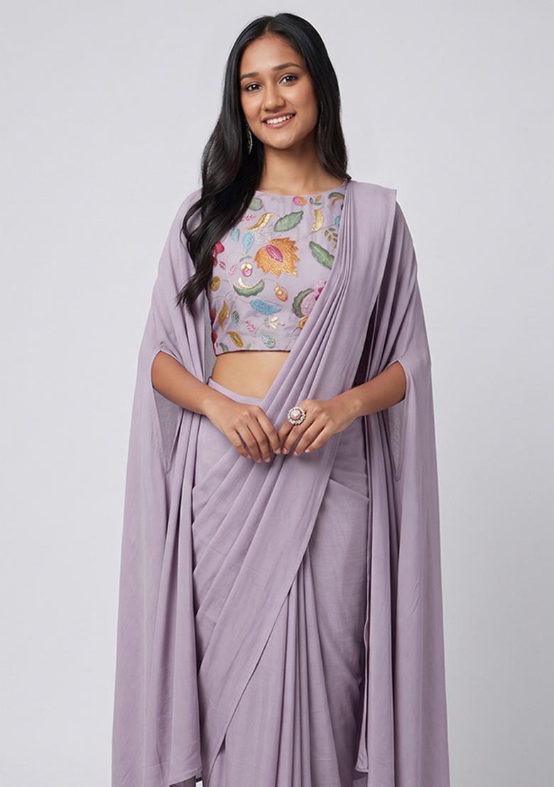 Lilac Embroidered Organza Pre Draped Saree Set - Indya