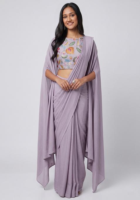 Lilac Embroidered Organza Pre Draped Saree Set