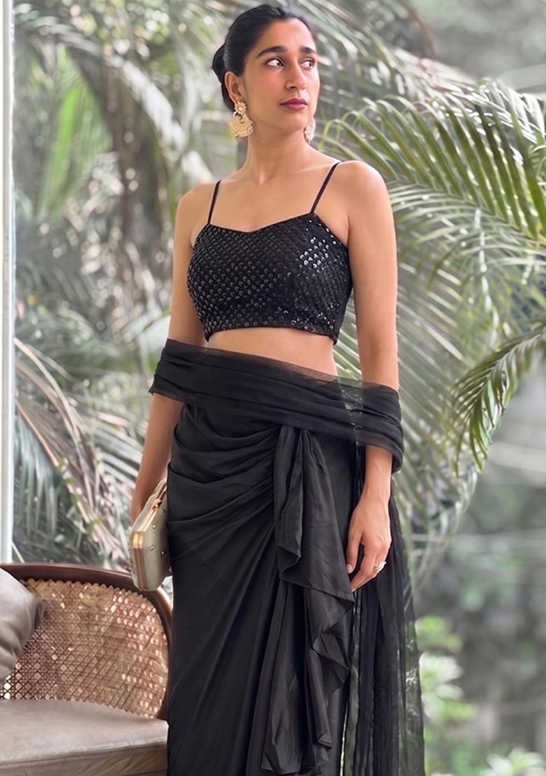 Black Sequin Work Poly Blend Fusion Set - Indya
