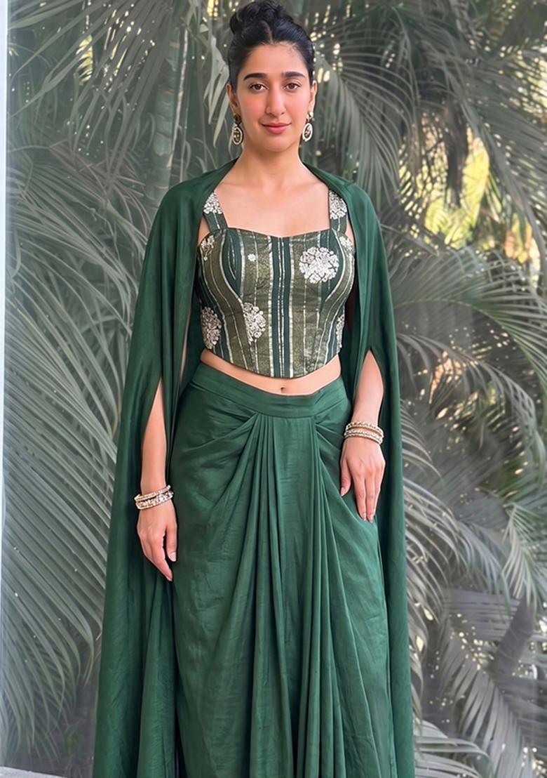 Bottle Green Embroidered Tissue Fusion Set - Indya