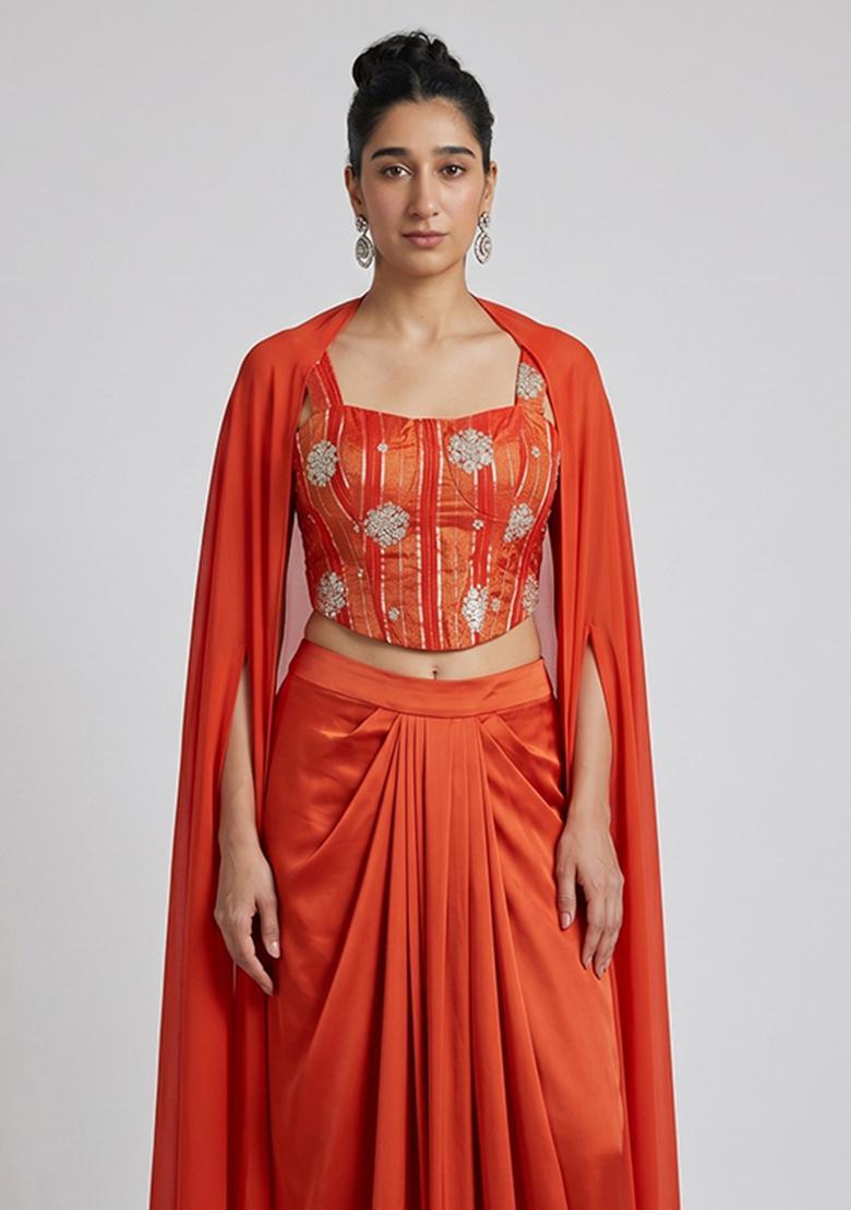 Burnt Orange Embroidered Tissue Fusion Set - Indya