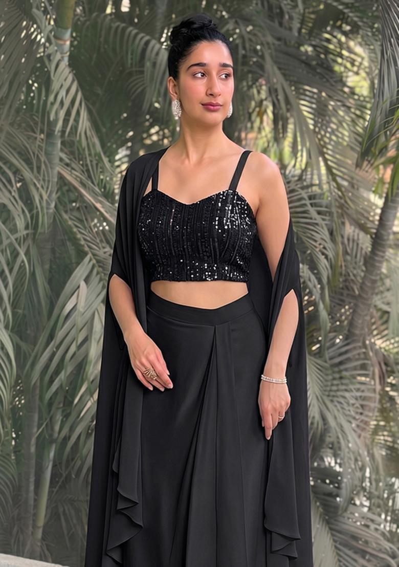 Black Embroidered Net Fusion Set - Indya