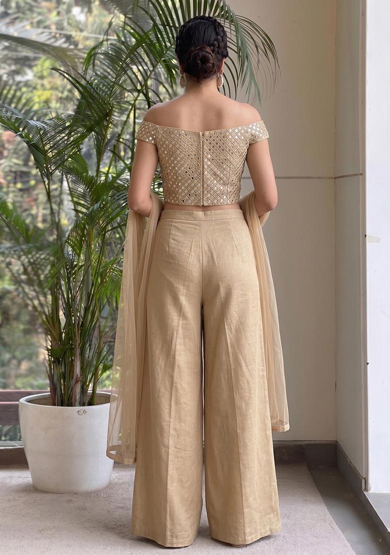 Beige Mirror Work Poly Blend Fusion Set - Indya