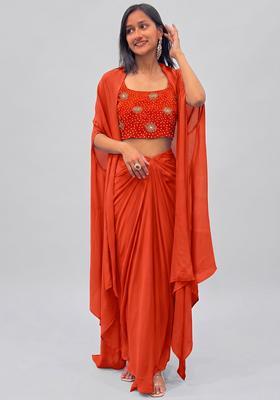 Rust Orange Printed Crepe Fusion Set