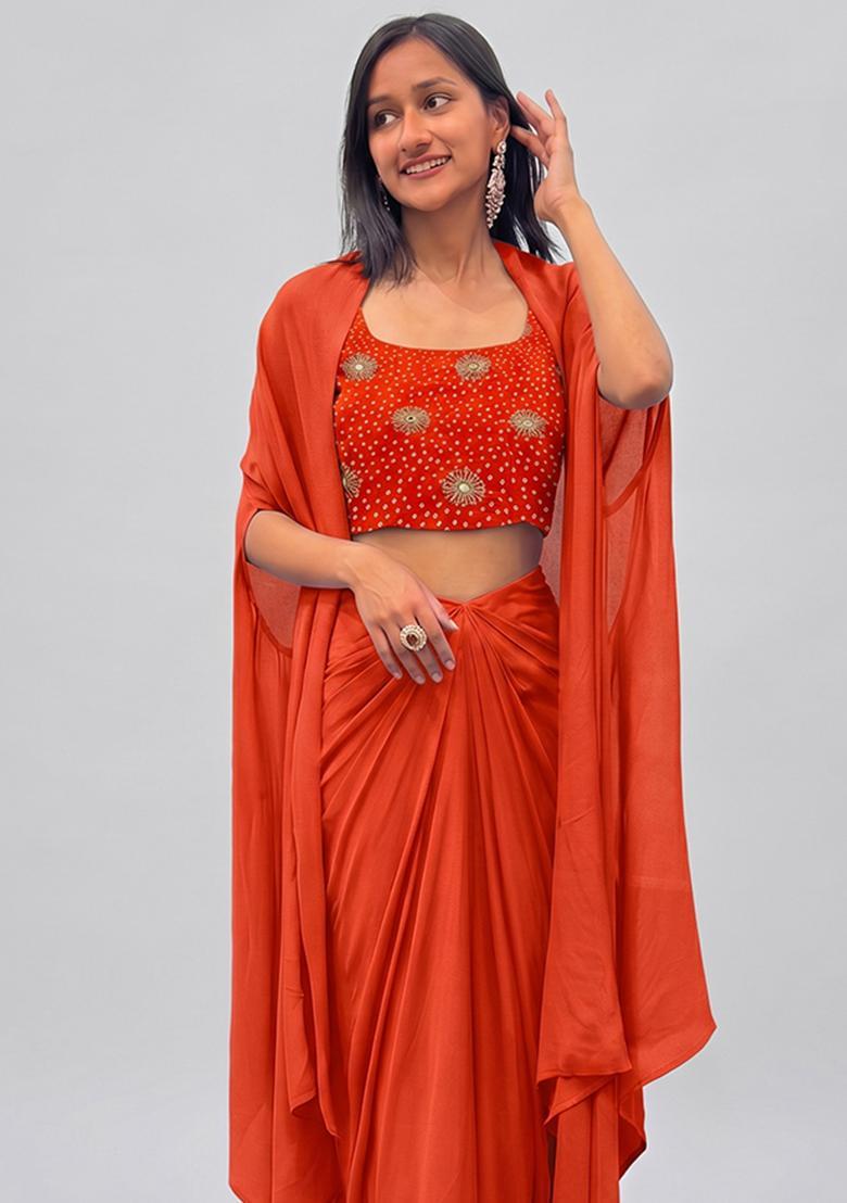Rust Orange Printed Crepe Fusion Set - Indya