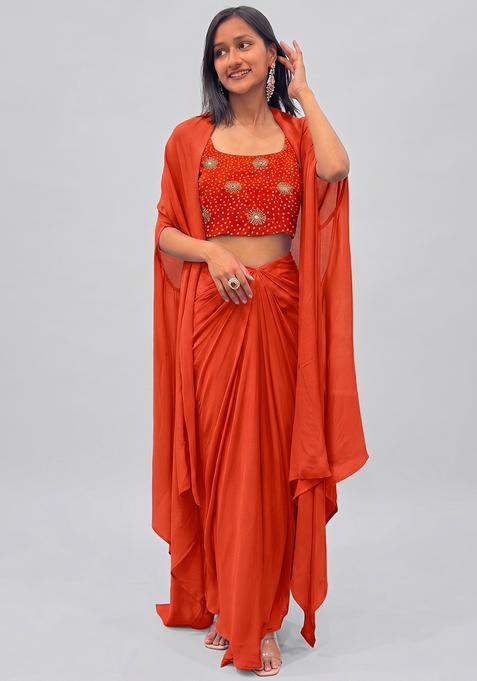 Rust Orange Printed Crepe Fusion Set