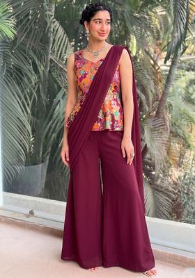 Wine Printed Silk Fusion Set