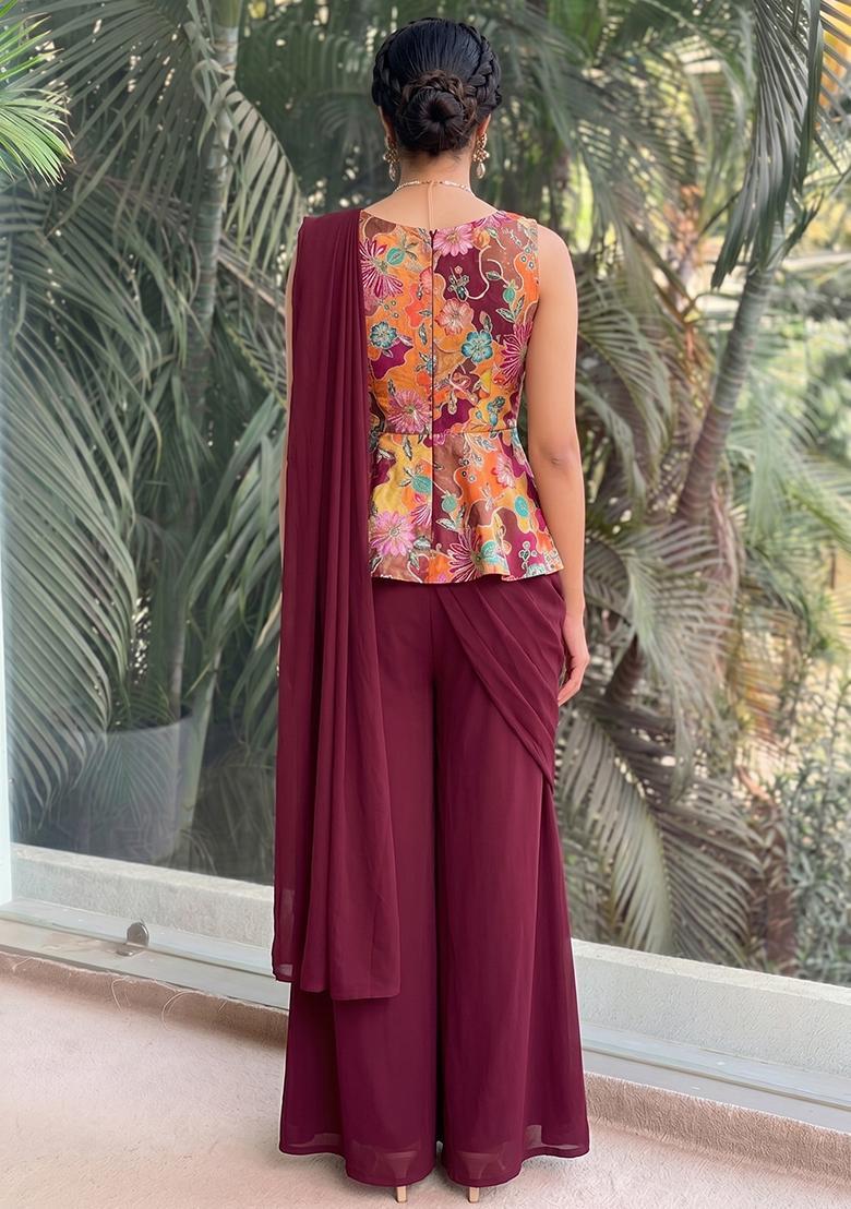 Wine Printed Silk Fusion Set - Indya
