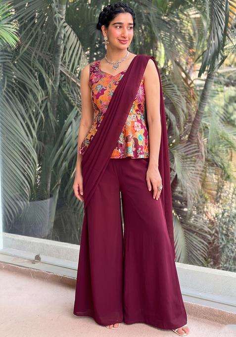 Wine Printed Silk Fusion Set