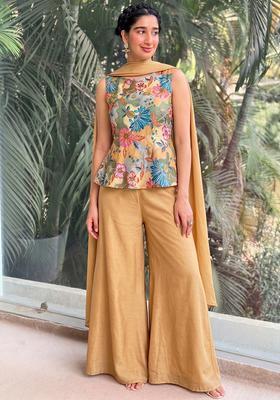 Beige Embroidered Silk Fusion Set