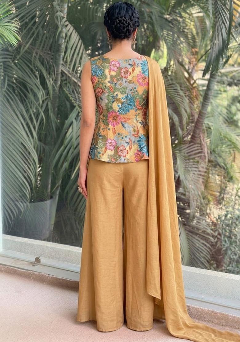 Beige Embroidered Silk Fusion Set - Indya