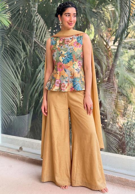 Beige Embroidered Silk Fusion Set