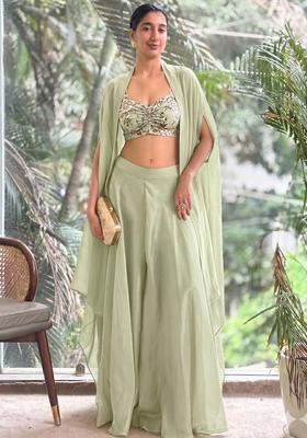 Pastel Green Printed Crepe Fusion Set